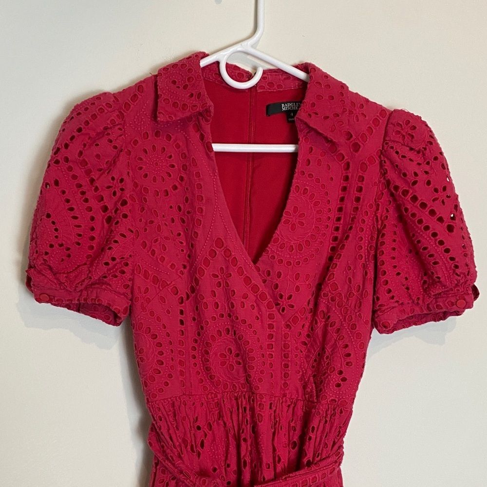 Badgley Mischka Eyelet Belted Vneck Midi Dress Red Raspberry Pink Puff Sleeve 4 - Picture 3 of 8
